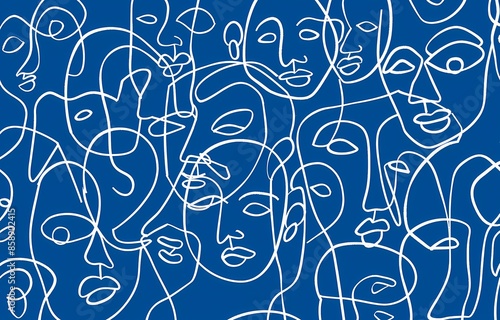 bstract line art crowd pattern, simple shapes and lines forming faces on blue background