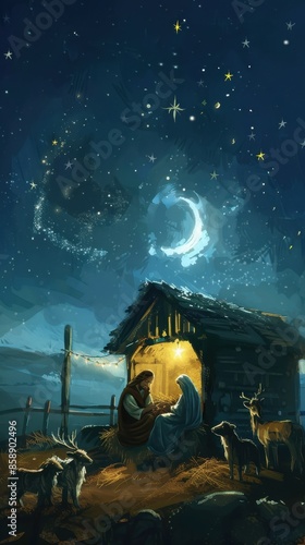 A digital painting depicting the nativity scene at night. A crescent moon hangs in the sky with a bright star above it, while a cluster of stars are scattered throughout the night sky. A couple kneels photo