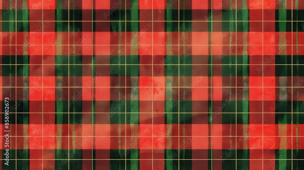 Fototapeta premium A close-up view of a red, green, and gold plaid fabric. The fabric has a subtle texture and the colors are slightly faded, giving it a vintage look. The plaid pattern is made up of thick and thin line
