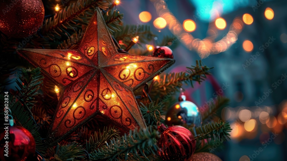 A close-up shot of a red star-shaped Christmas ornament illuminated with string lights on a Christmas tree. The ornament is in focus, while the surrounding ornaments and lights are out of focus. The t A close-up shot of a red star-shaped Christmas ornament illuminated with string lights on a Christmas tree. The ornament is in focus, while the surrounding ornaments and lights are out of focus. The t