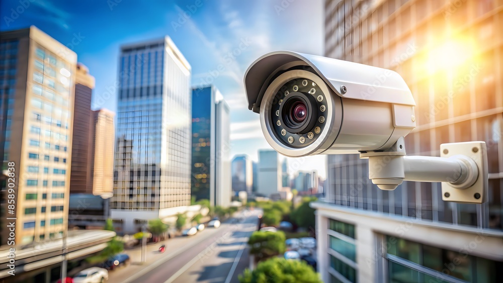Surveillance Camera Mounted On A Building Exterior With A Busy Urban Street In The Background. Surveillance Camera Mounted On A Building Exterior With A Busy Urban Street In The Background.