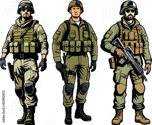 Set of Military man vector, marines, NAVY, army soldier