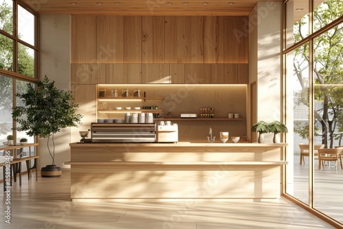Modern wooden cafe interior, large Windows and cafe counter, light wood colou...