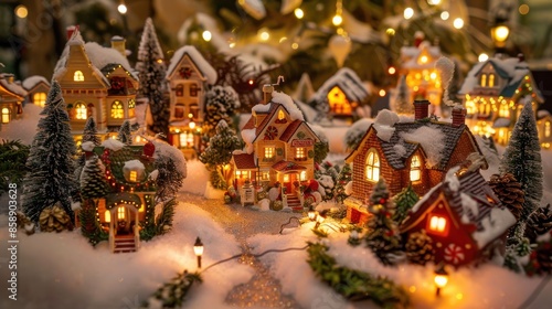Wallpaper Mural A close-up view of a meticulously crafted Christmas village model with intricately detailed houses and snowy landscapes. The houses are lit from within, creating a warm and inviting glow. Tiny trees a Torontodigital.ca