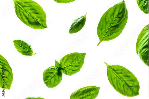 Basil isolated. Basil leaf flat lay on white background. Green basil leaves collection top view. Full depth of field.
