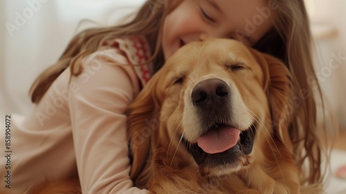 Closeup of a little girl hugging her golden retriever as the dog, creating a joyful atmosphere.Dog Friendly Day, Animals, Holidays, Pets, Pet Day © Vanessa