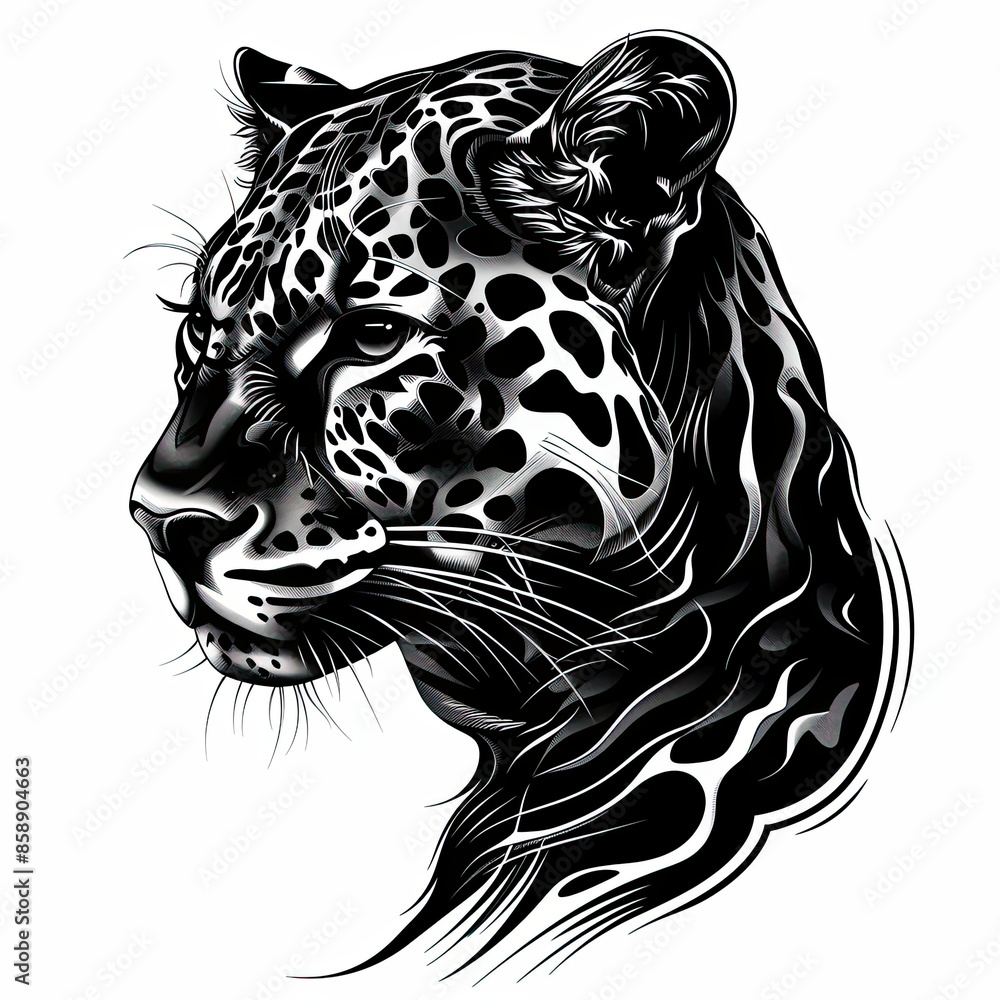 A black and white drawing of a leopard 's head A black and white drawing of a leopard 's head