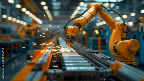 A robotic arm assembling intricate components with precision and speed in a high-tech factory, highlighting advancements in automation and robotics.