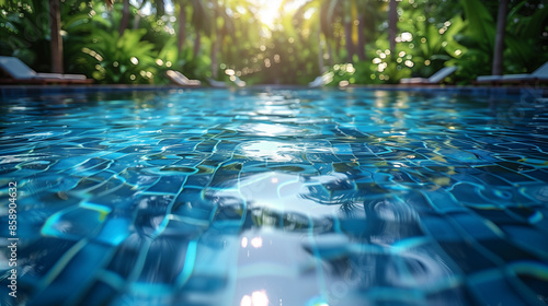 A serene swimming pool surface with gentle ripples reflecting the sunlight © Tannikarn