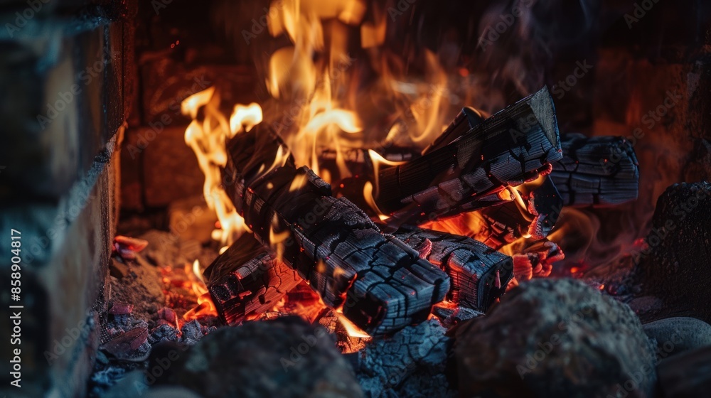 Fototapeta premium Close-Up of Burning Firewood in a Fireplace