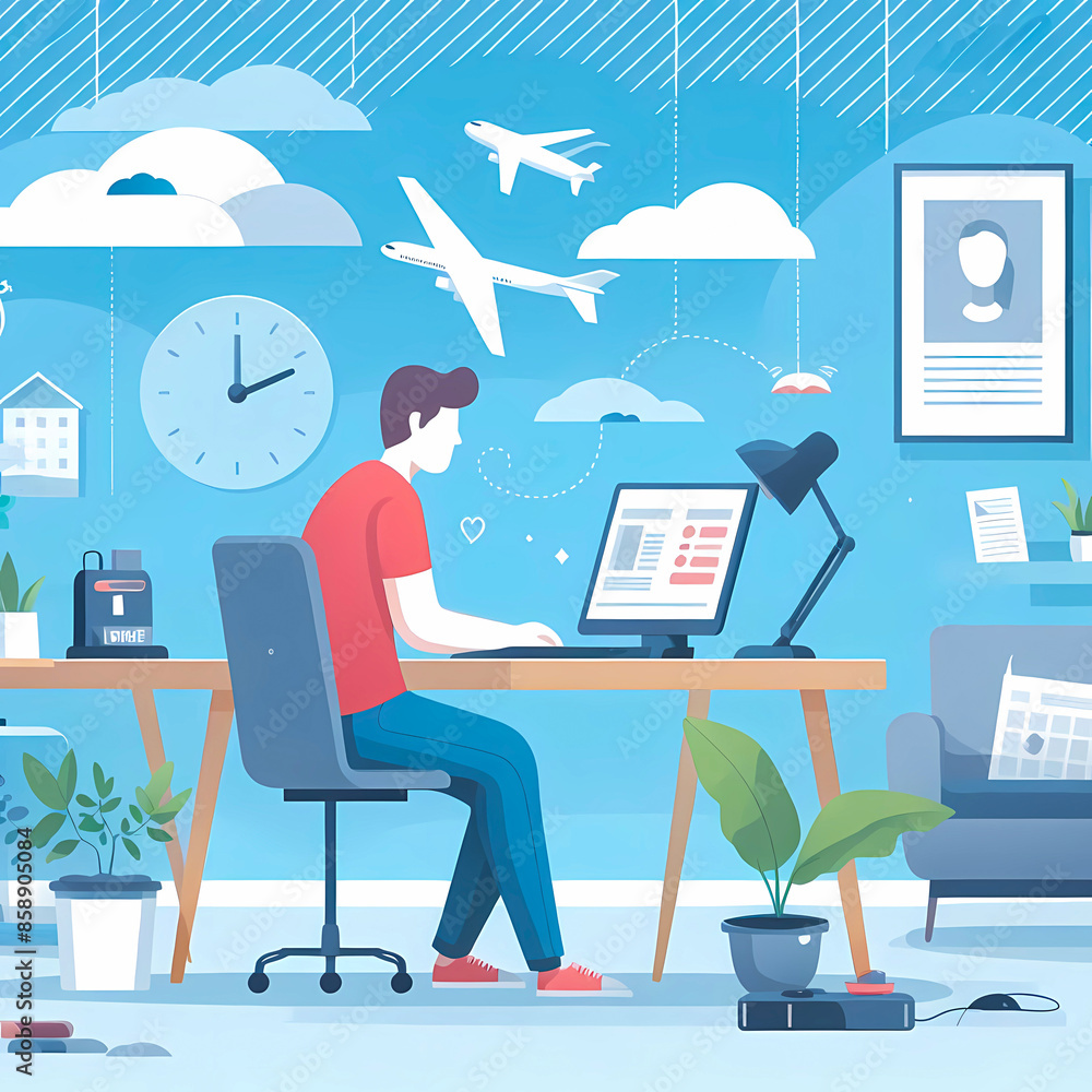A man sitting on a desk and working with a laptop at home modern vector illustration A man sitting on a desk and working with a laptop at home modern vector illustration