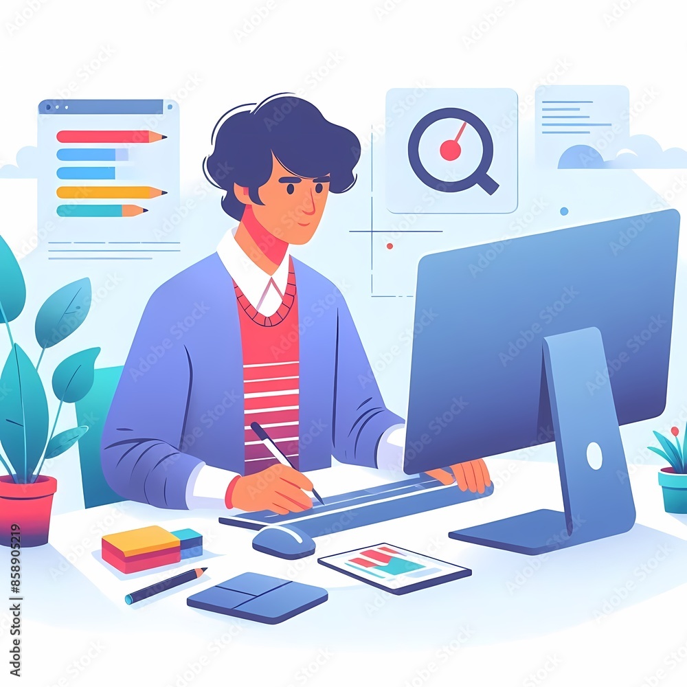A man sitting on a desk and working with a laptop at home modern vector illustration A man sitting on a desk and working with a laptop at home modern vector illustration