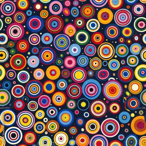 This digital illustration features a pattern of colorful concentric circles on a dark blue background. The circles are of varying sizes and are arranged in a seemingly random pattern. The circles are 