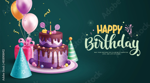Happy birthday greeting vector design. Birthday cake blueberry flavor, party hat, balloons and gift box elements decoration for kids party background. Vector illustration invitation card design. 
