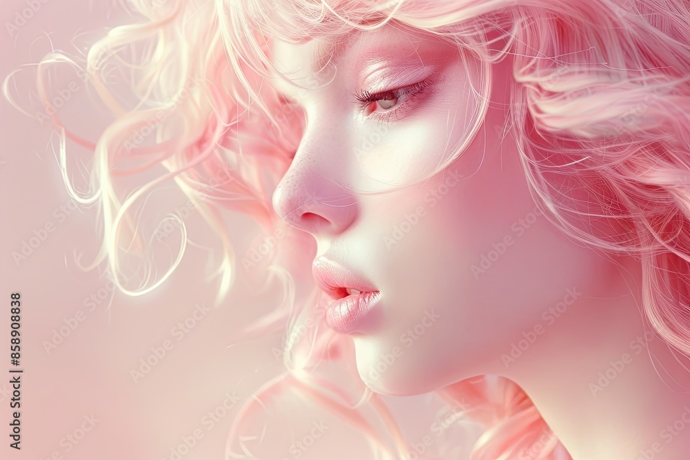 Close-up artistic portrait of a woman with delicate pink hair and soft lighting, showcasing serene beauty and elegance. Close-up artistic portrait of a woman with delicate pink hair and soft lighting, showcasing serene beauty and elegance.