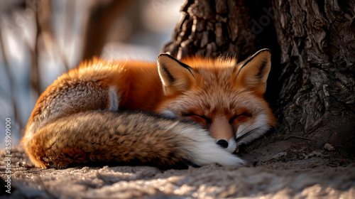 A fox curled up beneath a tree, its bushy tail draped over its body as it sleeps.
