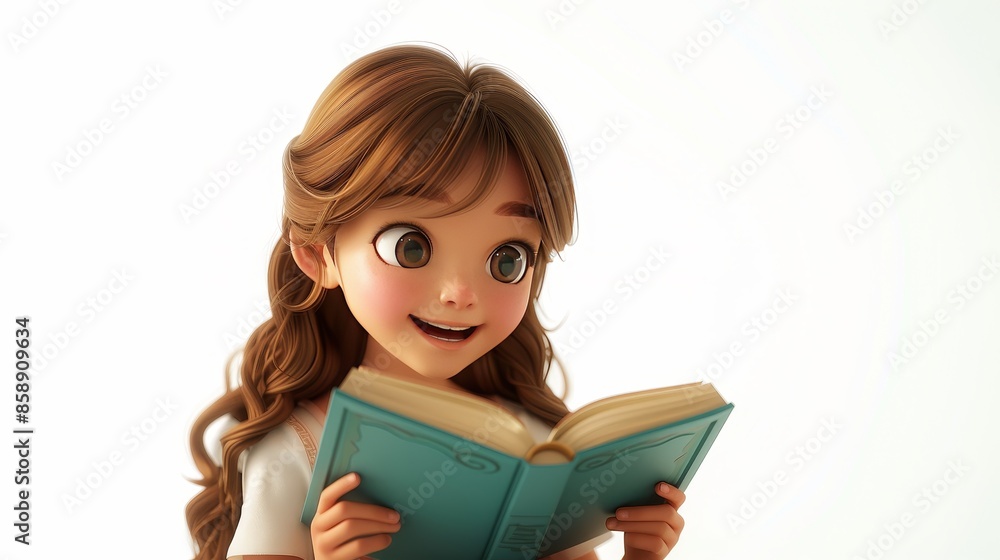 A girl is reading a book. the hero of an animated film with a book. White background, no background, clipart A girl is reading a book. the hero of an animated film with a book. White background, no background, clipart