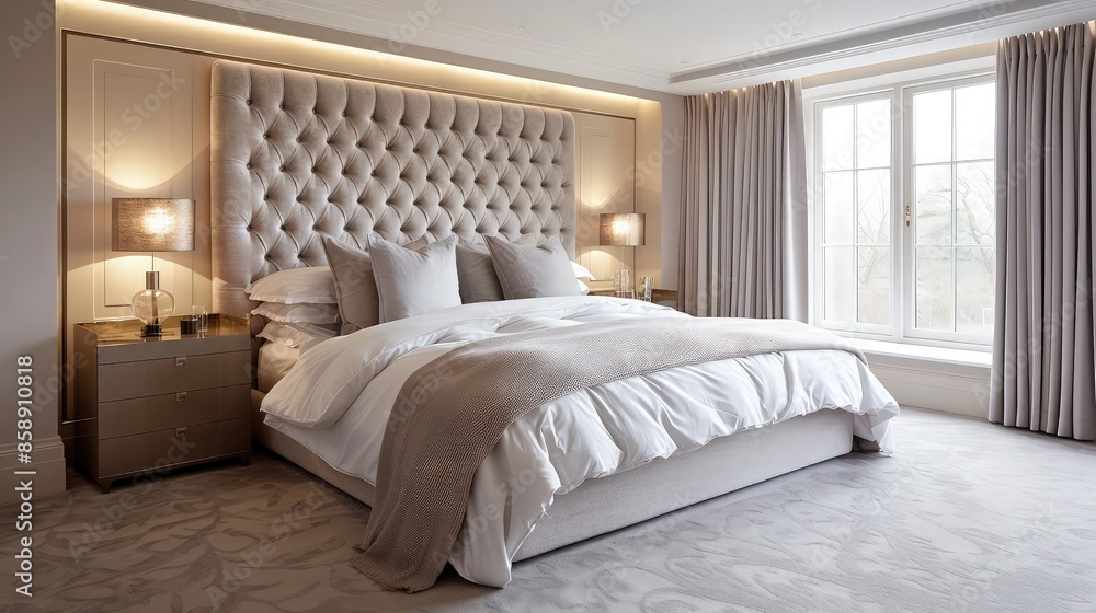 A serene and spacious bedroom with a large bespoke upholstered bed, matching designer nightstands, and soft, ambient lighting that enhances the luxurious and airy environment. A serene and spacious bedroom with a large bespoke upholstered bed, matching designer nightstands, and soft, ambient lighting that enhances the luxurious and airy environment.