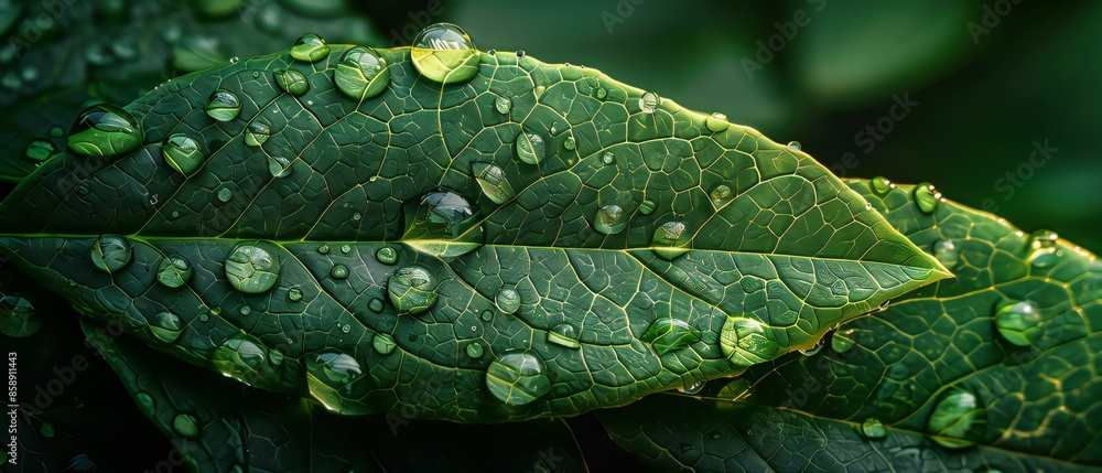 Leaf texture, detailed veins and varying shades of green, water droplets on the surface. Sunlight illuminating the leaf, creating highlights and shadows Leaf texture, detailed veins and varying shades of green, water droplets on the surface. Sunlight illuminating the leaf, creating highlights and shadows