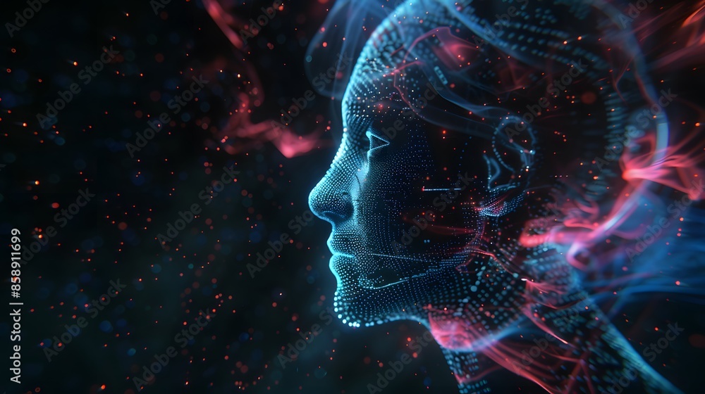 A digital representation of a face with intricate light patterns and a futuristic design, blending technology with art. A digital representation of a face with intricate light patterns and a futuristic design, blending technology with art.