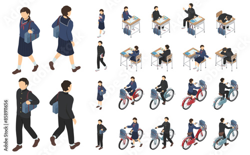 アイソメトリックイラスト：中学生セット