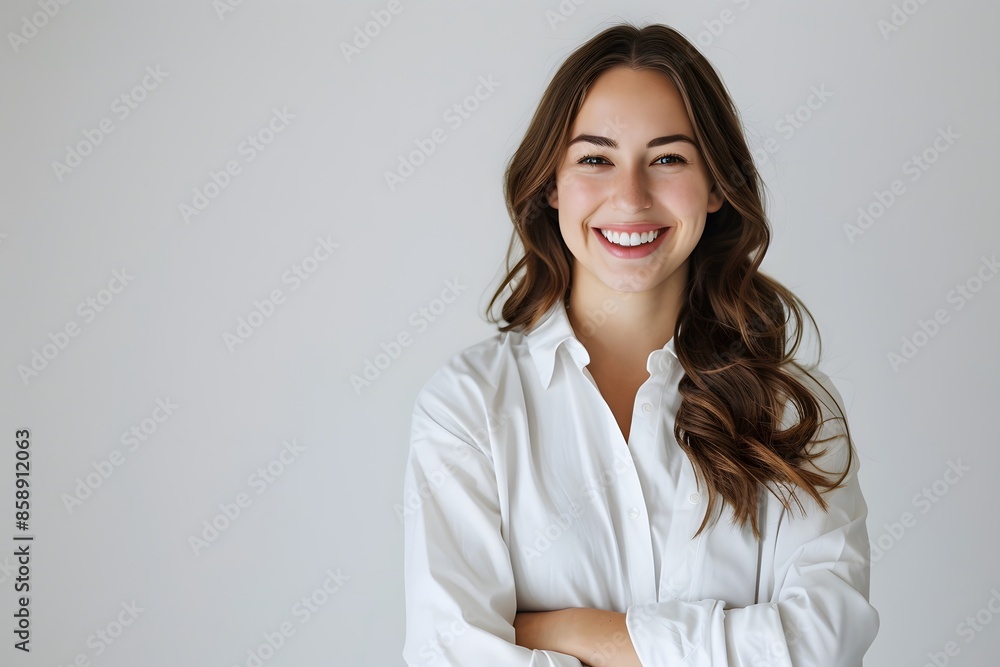 A smiling woman in a white shirt with arms crossed, standing against a plain background, exuding confidence and approachability. A smiling woman in a white shirt with arms crossed, standing against a plain background, exuding confidence and approachability.