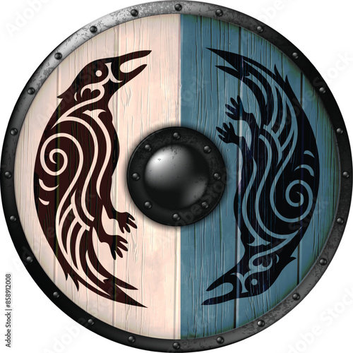 Viking shield design. A wooden shield bound with iron, featuring the Scandinavian Viking symbol. Realistic illustration.