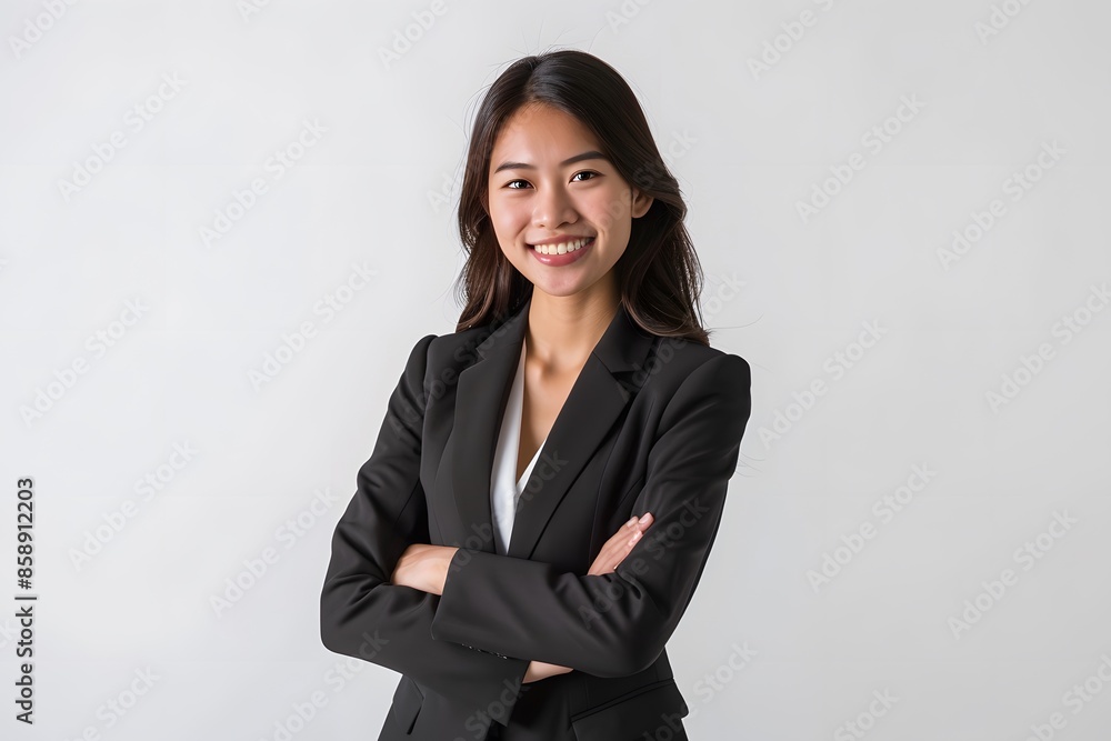A confident businesswoman in a black suit with arms crossed, smiling warmly against a white background, representing professionalism. A confident businesswoman in a black suit with arms crossed, smiling warmly against a white background, representing professionalism.