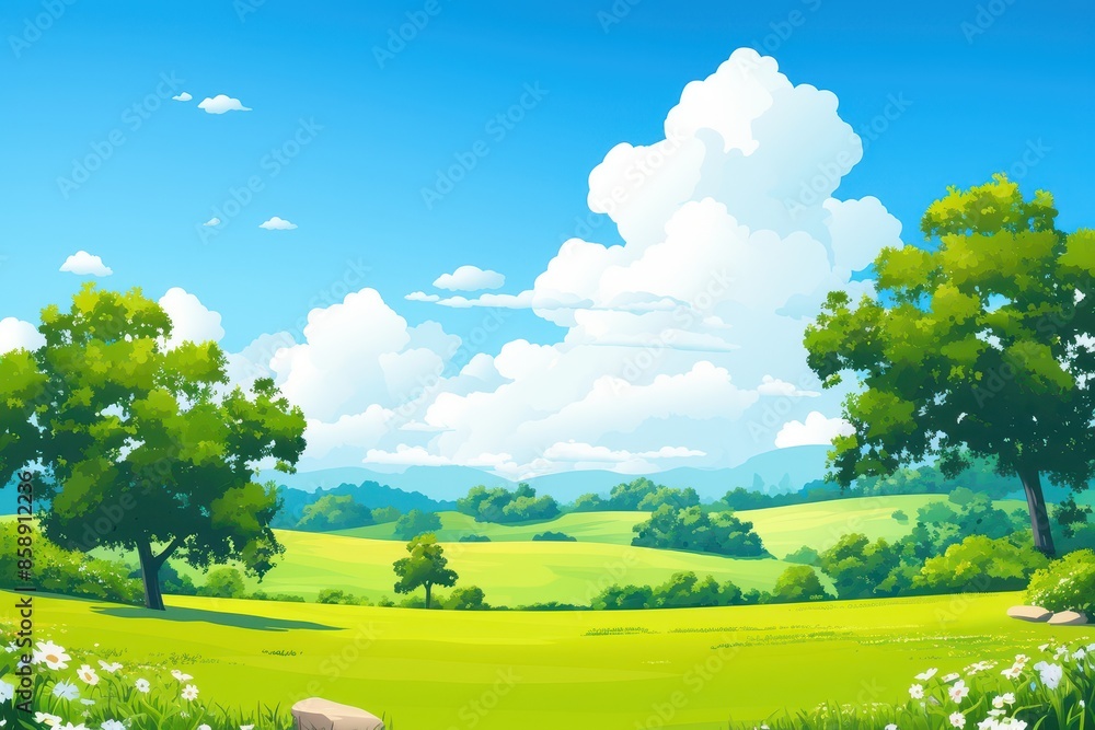 Fototapeta premium Summer Landscape with Lush Green Fields