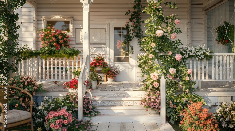 Spring themed home decoration with flower filled staircase and porch Spring themed home decoration with flower filled staircase and porch