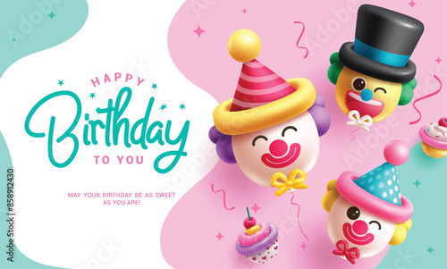 Happy birthday greeting vector design. Birthday clown balloons inflatable cup cake elements decoration in abstract background. Vector illustration invitation card design.  
