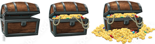 Three wooden antique chest full of gold coins and jewelry . Realistic illustration..