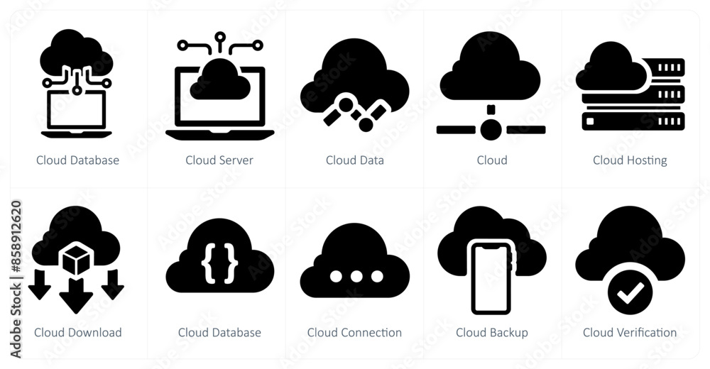 A set of 10 web marketing icons as cloud database, cloud server, cloud data A set of 10 web marketing icons as cloud database, cloud server, cloud data