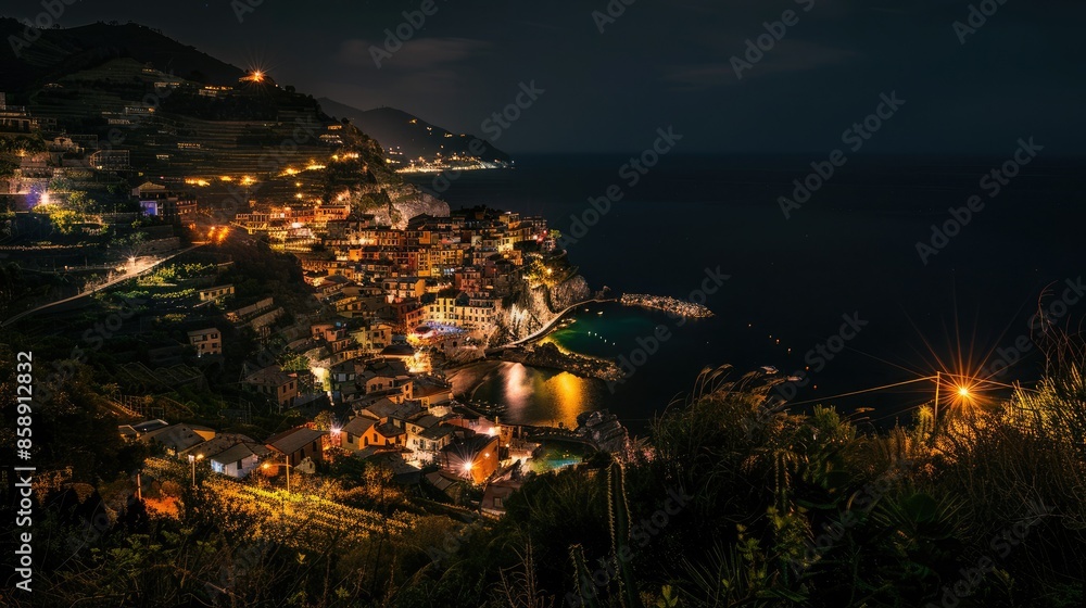 Fototapeta premium A stunning aerial view of a coastal town at night, illuminated by vibrant lights, with the calm sea reflecting the serene ambiance.