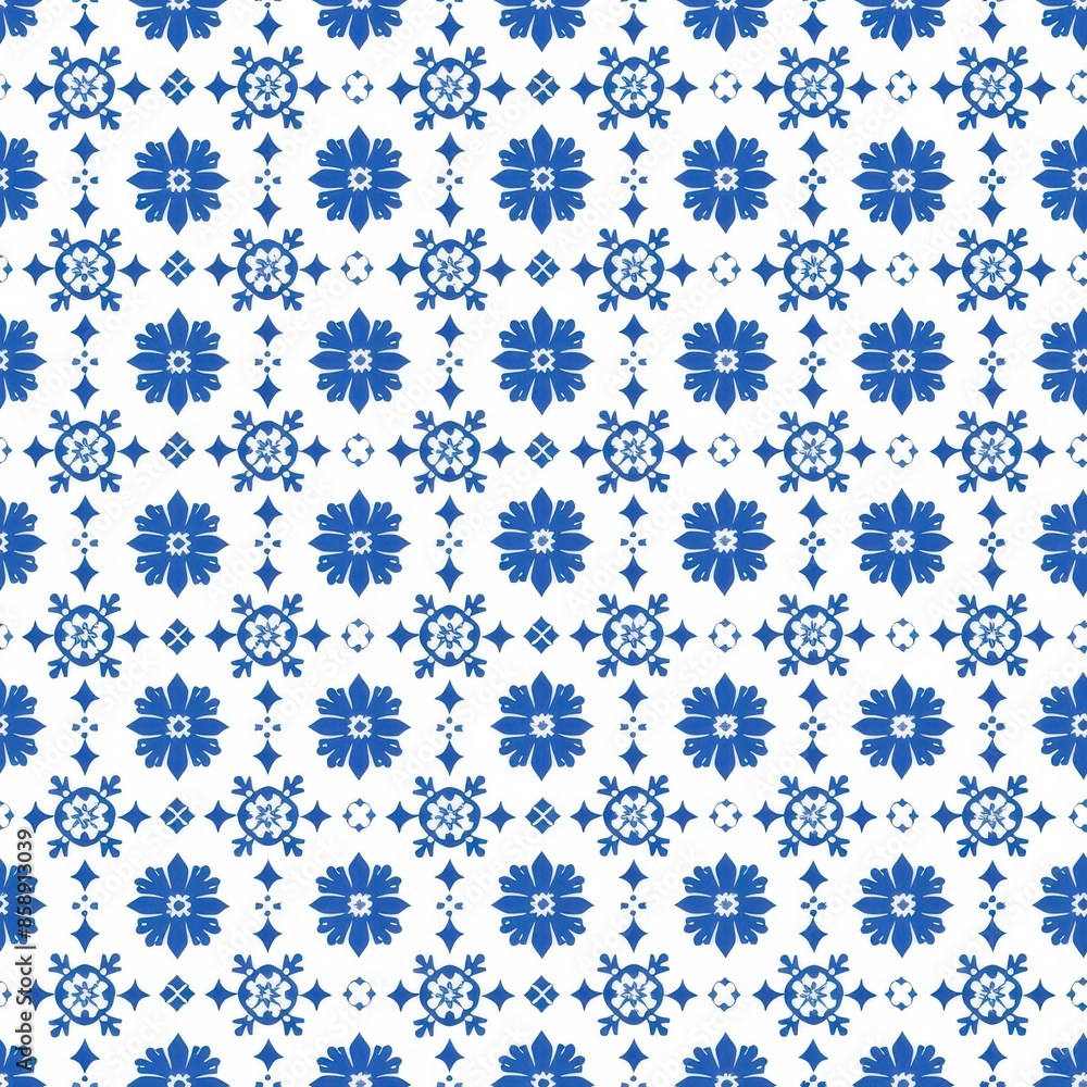 This image shows a seamless pattern featuring blue floral tiles on a white background. The design is symmetrical and repetitive, creating a classic and elegant aesthetic. The intricate details of the This image shows a seamless pattern featuring blue floral tiles on a white background. The design is symmetrical and repetitive, creating a classic and elegant aesthetic. The intricate details of the