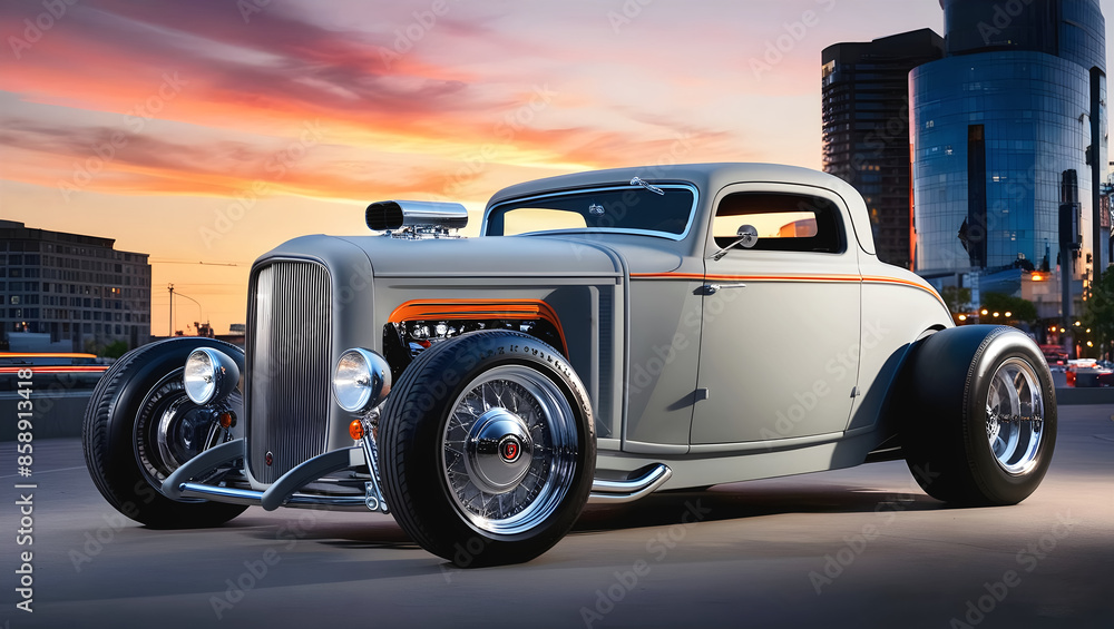beautiful old timer hot rod vintage matte grey car at sunset, transport and vehicles, automotive background, auto mock up