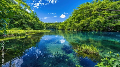 A serene summer pond surrounded by lush greenery, with crystal-clear waters reflecting the vibrant blue sky above.