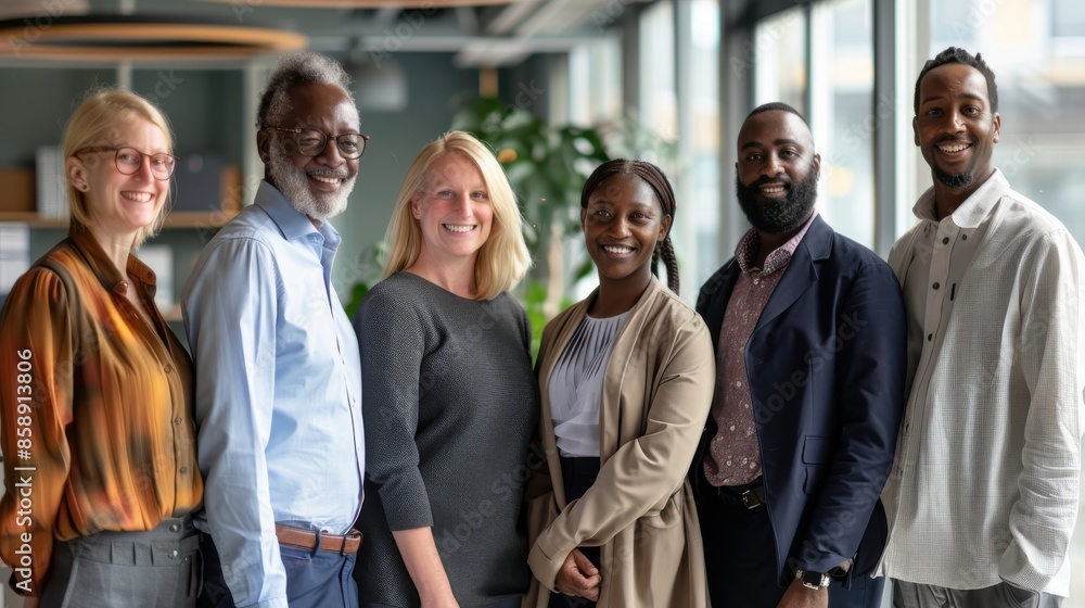 Obraz premium This image shows a diverse group of five professionals standing together in a modern office setting. They are all smiling and appear to be happy and confident. The office space is bright and welcoming