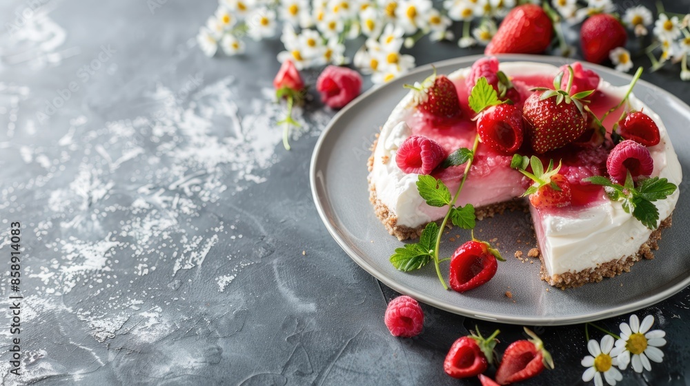 Delicious homemade strawberry cheesecake and flowers on gray stone background with selective focus and copy space Delicious homemade strawberry cheesecake and flowers on gray stone background with selective focus and copy space