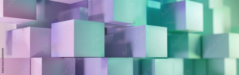 Fototapeta premium A colorful image of cubes in various shades of green and purple. The image is abstract and has a modern, futuristic feel to it. The cubes are arranged in a way that creates a sense of depth