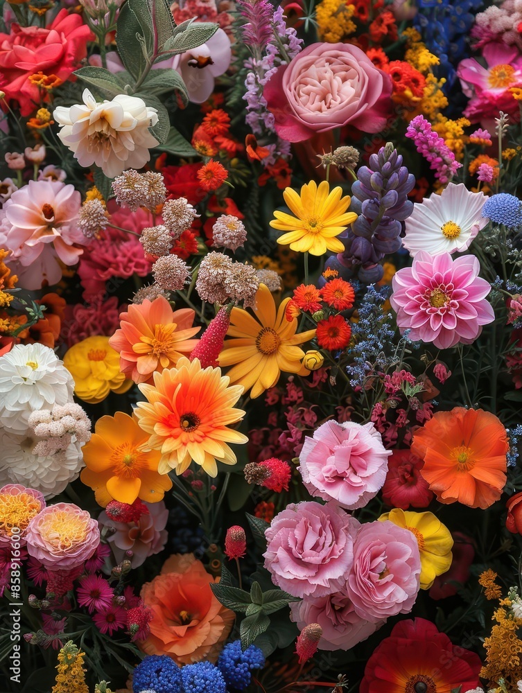 Vibrant arrangement of various flowers in full bloom, creating a colorful and lively background with rich textures Vibrant arrangement of various flowers in full bloom, creating a colorful and lively background with rich textures