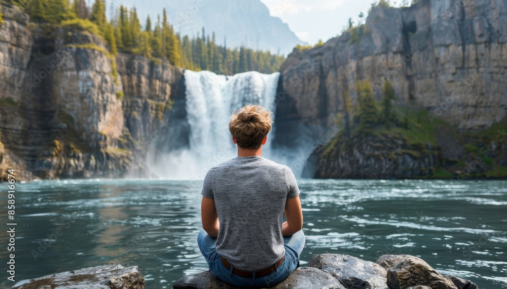 Contemplative man in peaceful reflection, sitting on a large rock next to a flowing waterfall