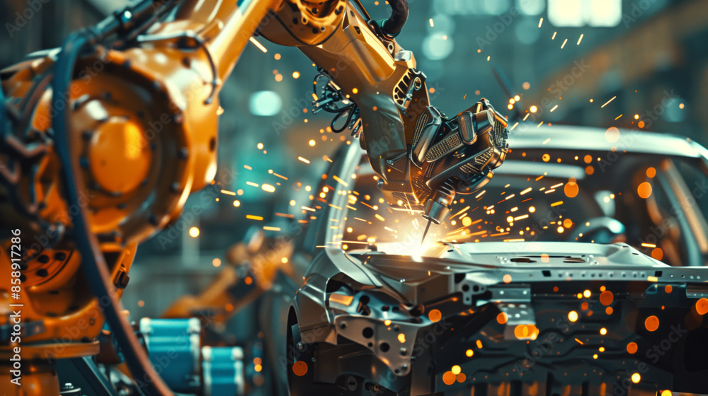 A robotic arm welding car parts in an automobile factory A robotic arm welding car parts in an automobile factory