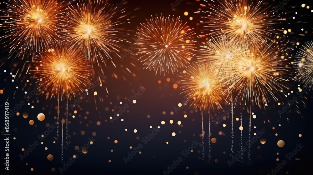 Naklejka premium Happy new Year 2024, New Year Eve firework party celebration holiday greeting card background with year - Pinned cards on a string and gold fireworks in the night sky, Generative AI