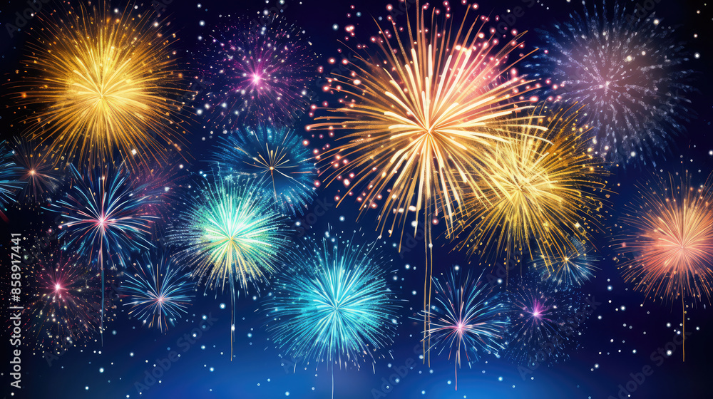 Happy new Year 2026, New Year Eve firework party celebration holiday greeting card background with year - Pinned cards on a string and gold fireworks in the night sky, Generative AI Happy new Year 2026, New Year Eve firework party celebration holiday greeting card background with year - Pinned cards on a string and gold fireworks in the night sky, Generative AI