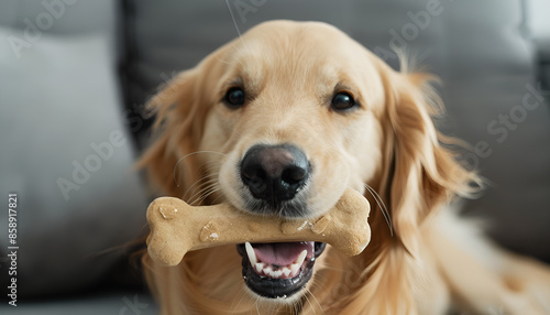 Cute Golden Retriever dog holding chew bone in mouth indoors © Oleksiy