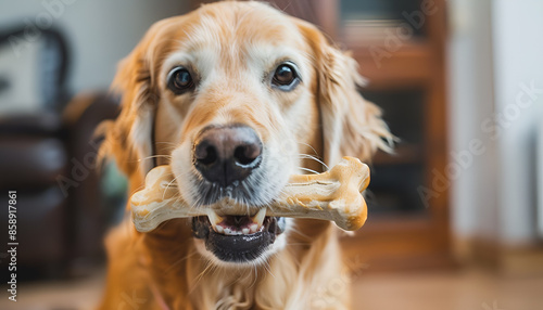 Cute Golden Retriever dog holding chew bone in mouth indoors
