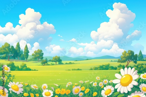 Sunny Meadow Landscape with White Daisies