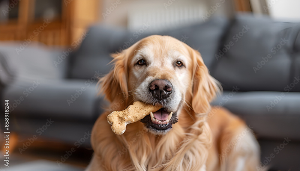 Cute Golden Retriever dog holding chew bone in mouth indoors Cute Golden Retriever dog holding chew bone in mouth indoors