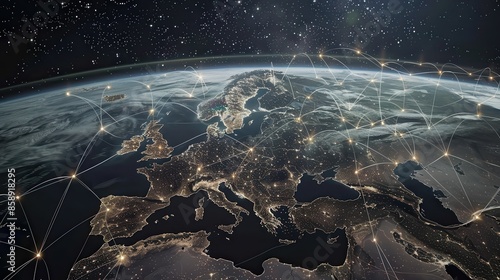 This image showcases a nighttime view of Europe from space, with illuminated cities and towns. The image also features glowing lines connecting the cities, representing the interconnectedness of the c
